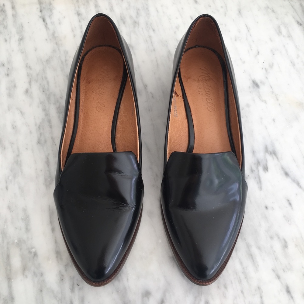 Madewell black stacked heel loafers high shine
